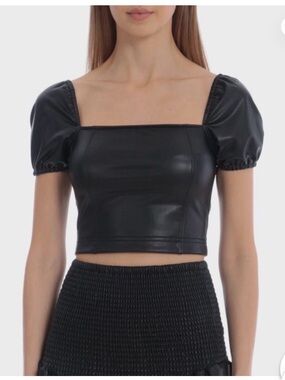 Nordstrom Avec Les Filles Black Faux Leather Puff Sleeve Crop Top NWT
